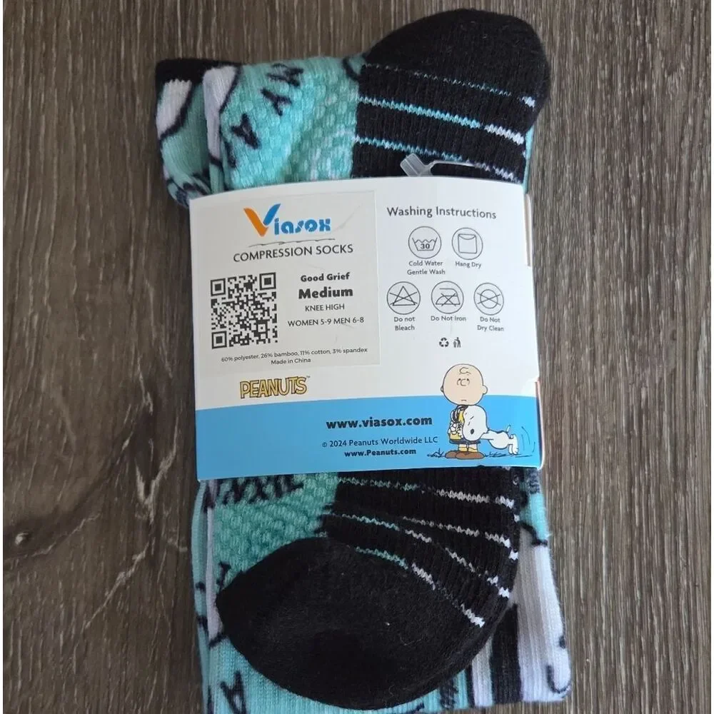 Viasox Peanuts Knee High Compression Socks - Light Blue and Black - Medium